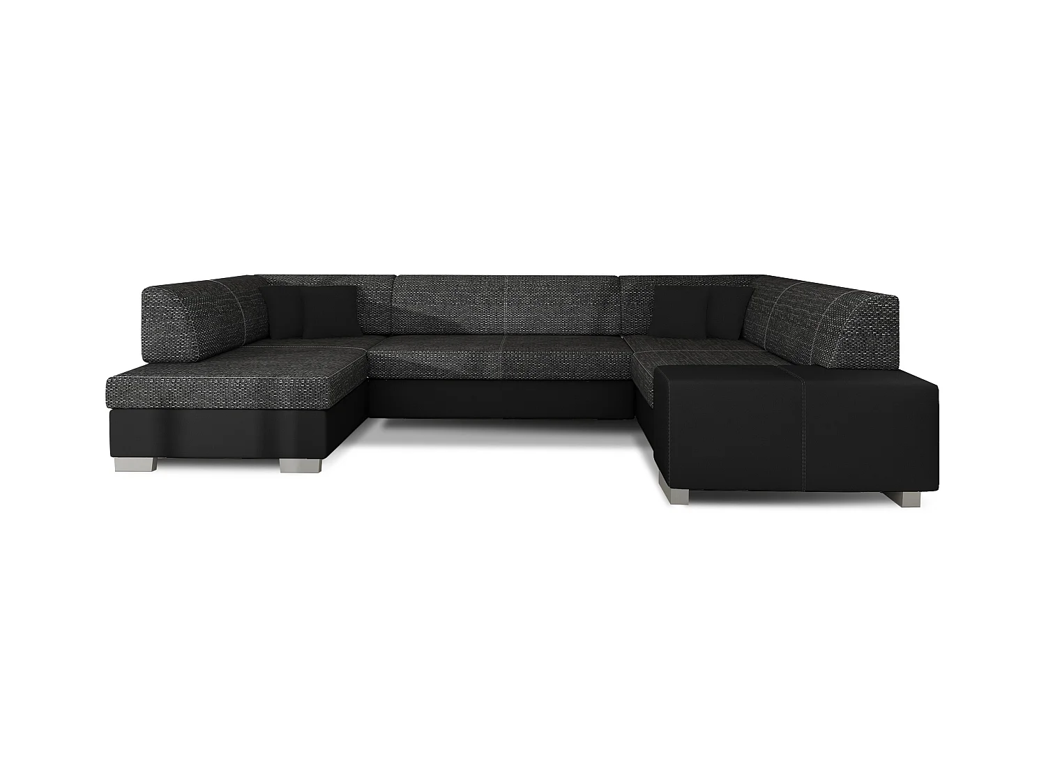 Canapé convertible panoramique bi matières tissu noir chiné et simili cuir noir avec coffre de rangement Houston 320cm-Coffre de rangement à gauche