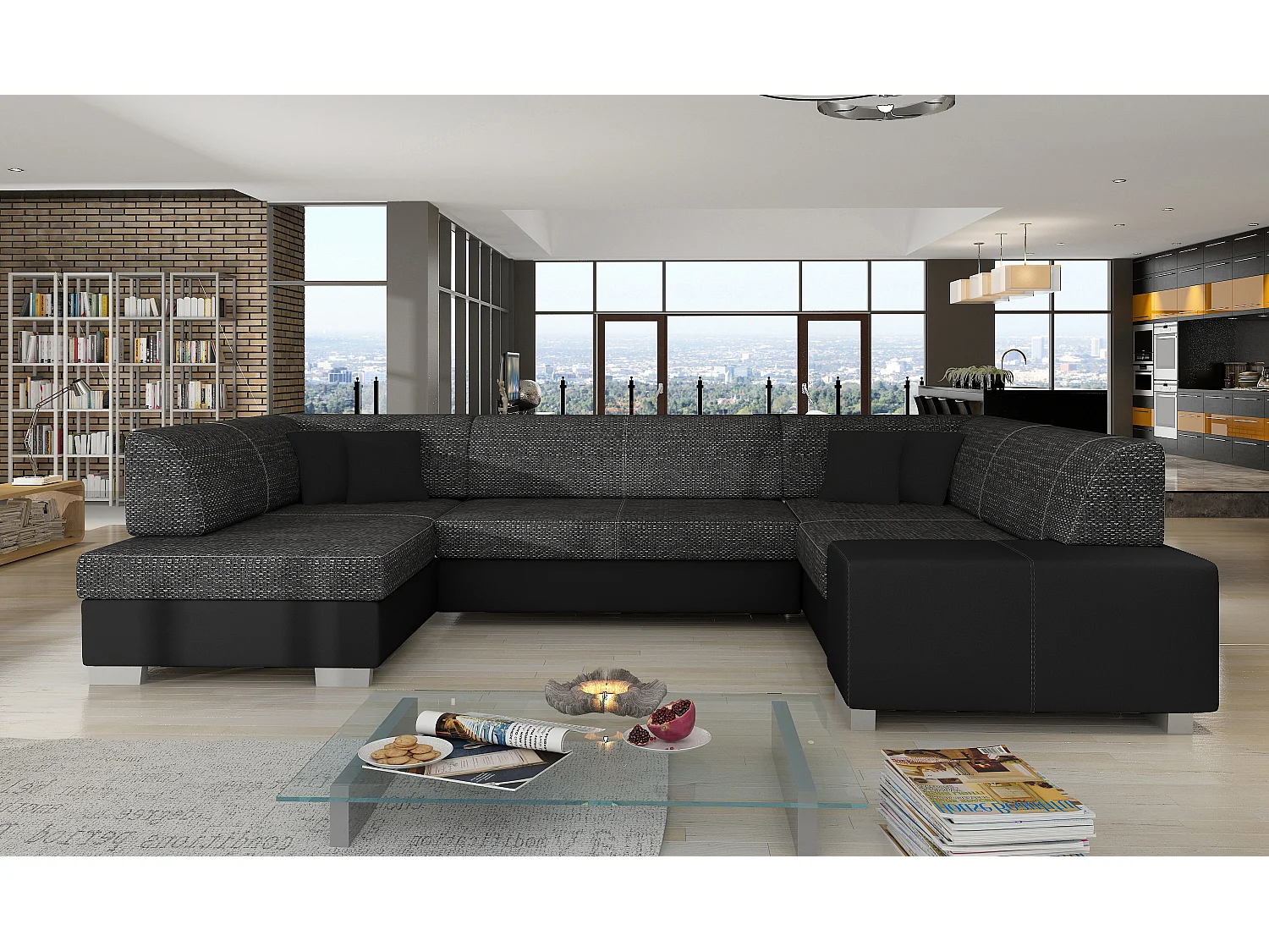 Canapé convertible panoramique bi matières tissu noir chiné et simili cuir noir avec coffre de rangement Houston 320cm-Coffre de rangement à gauche