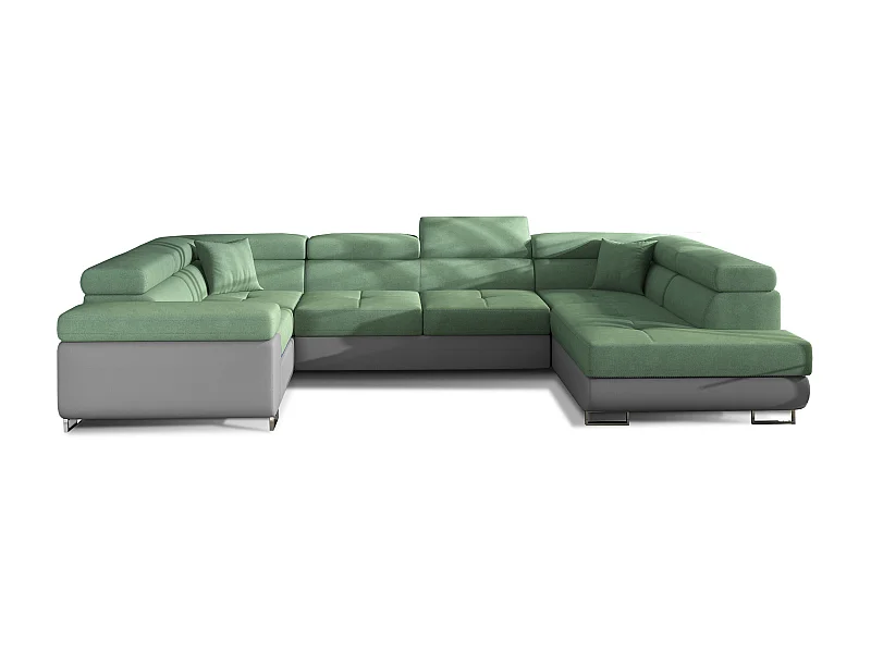 Canapé convertible U droit tissu vert et simili gris avec coffre de rangement Tovy 340cm