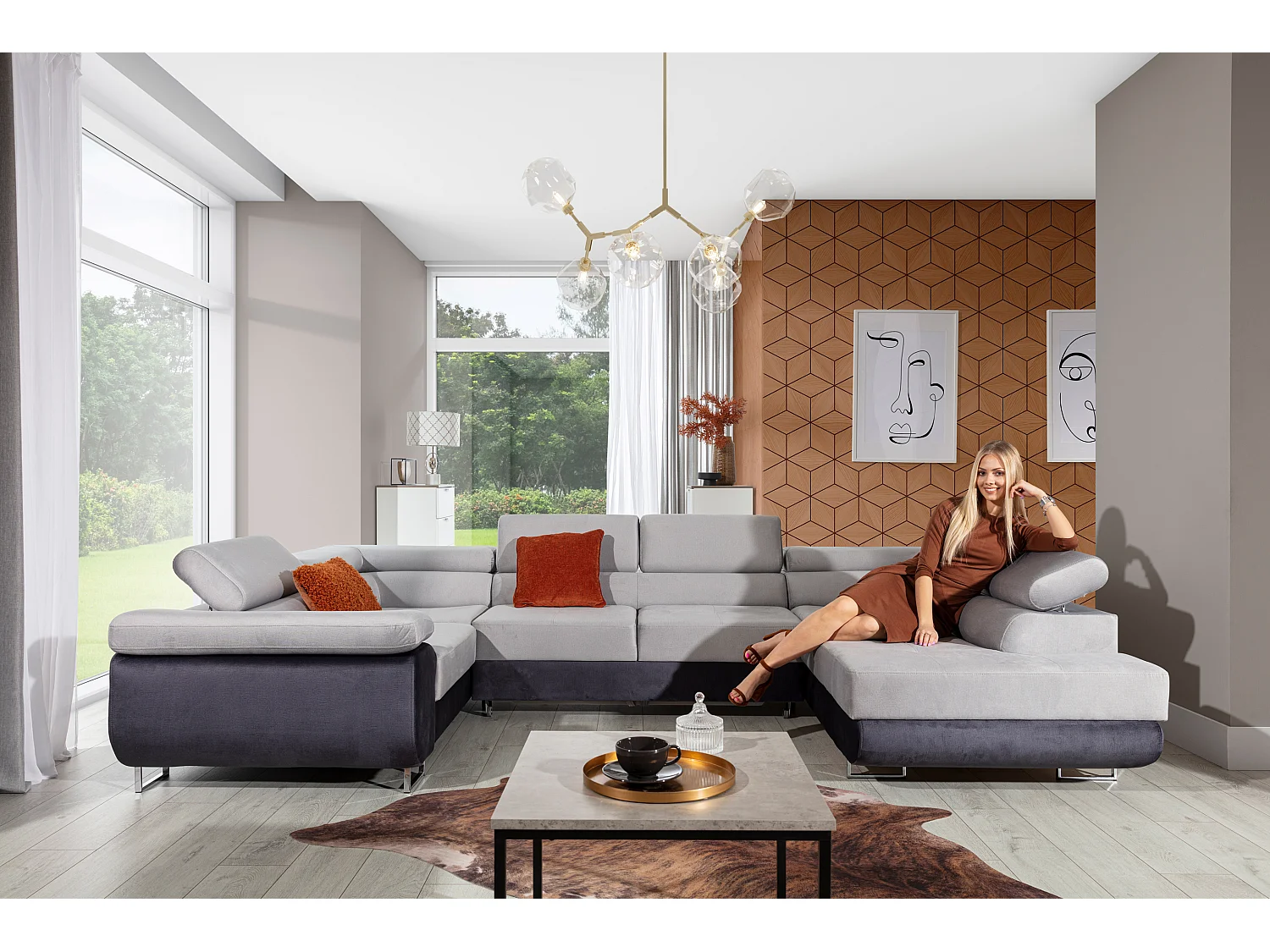 U rechte slaapbank in groene stof en grijze imitatie met Tovy opbergdoos 340 cm