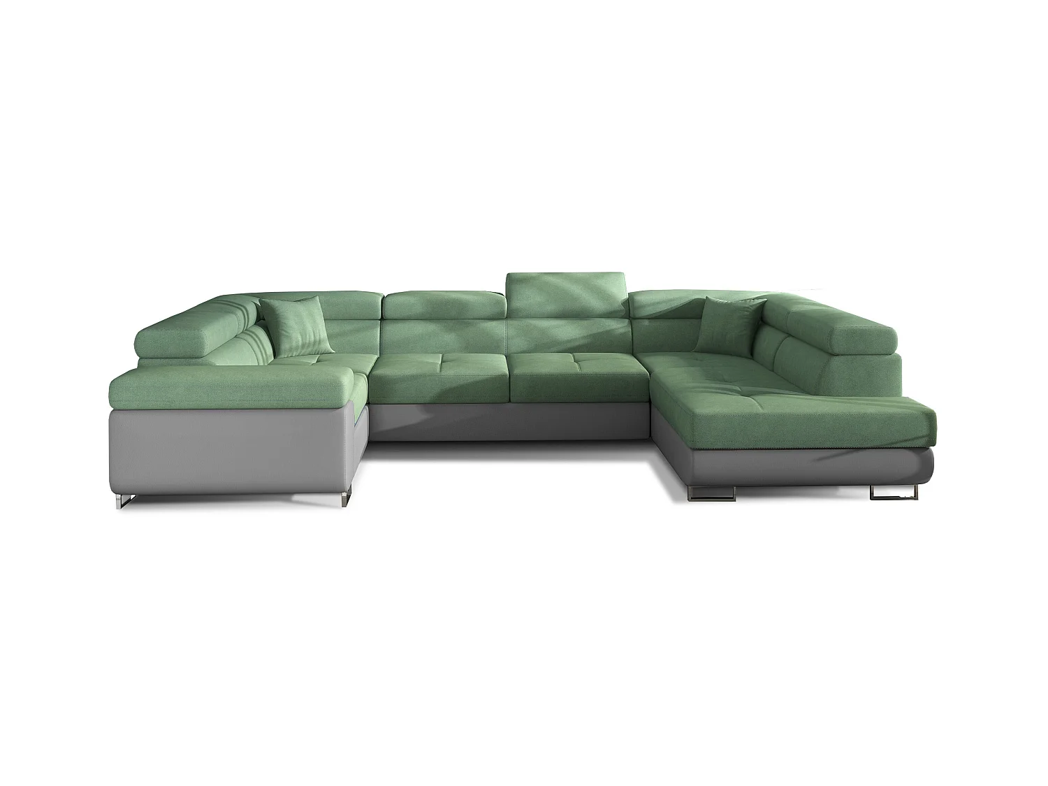 Canapé convertible U droit tissu vert et simili gris avec coffre de rangement Tovy 340cm