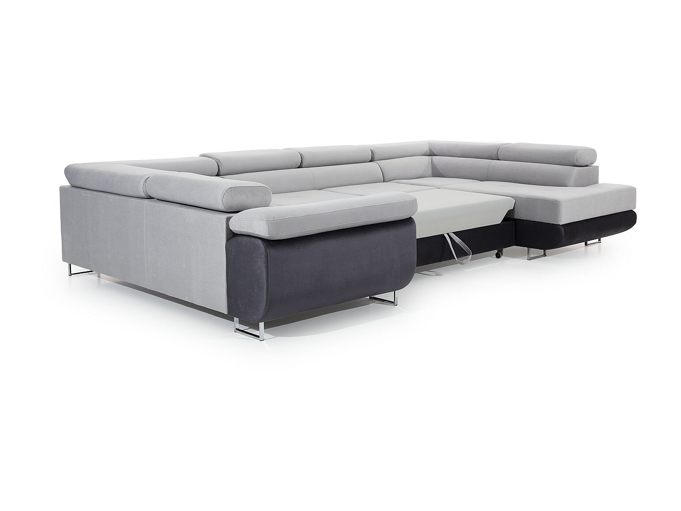 Canapé convertible U droit tissu vert et simili gris avec coffre de ...