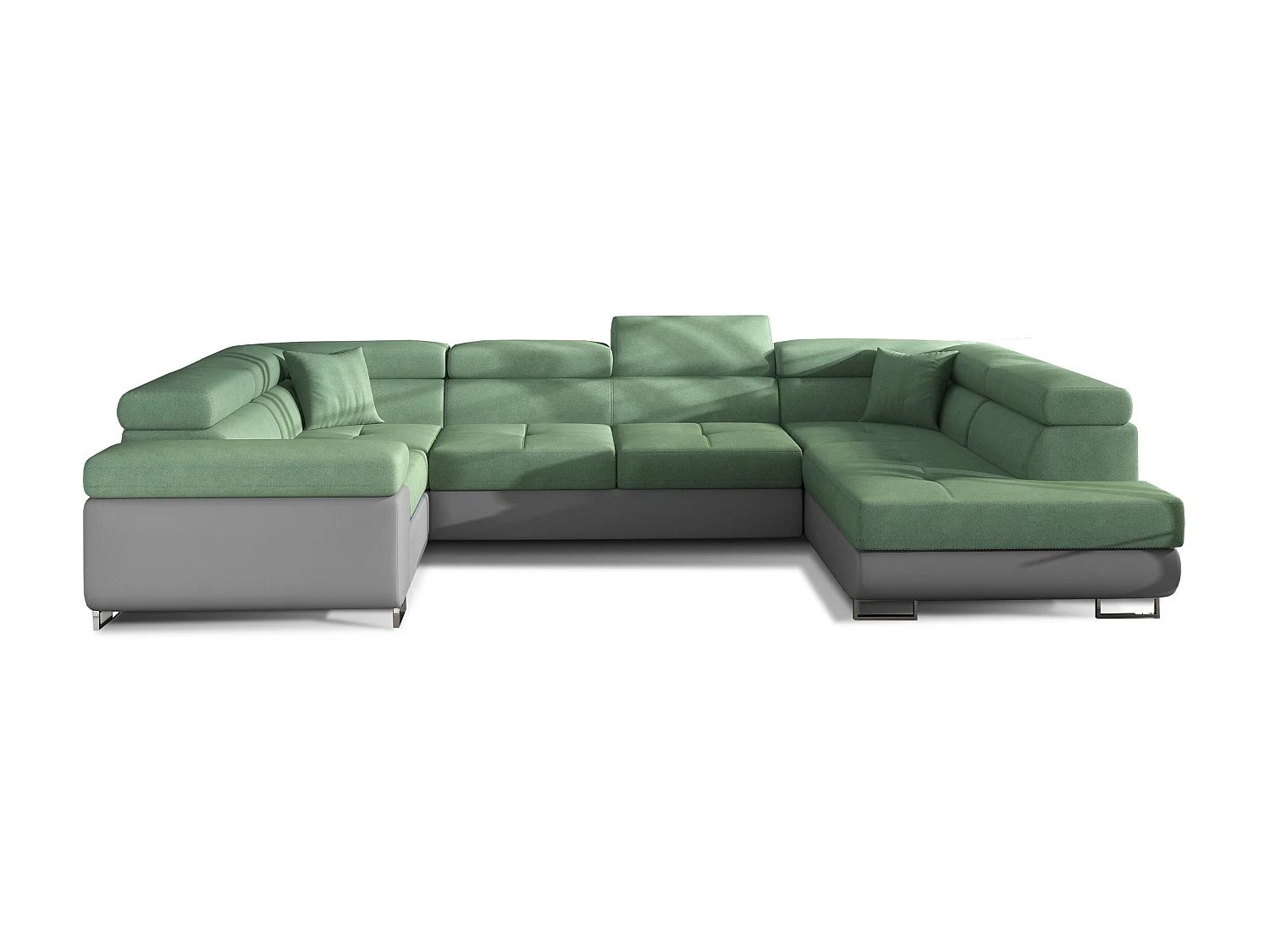 Canapé convertible U droit tissu vert et simili gris avec coffre de rangement Tovy 340cm