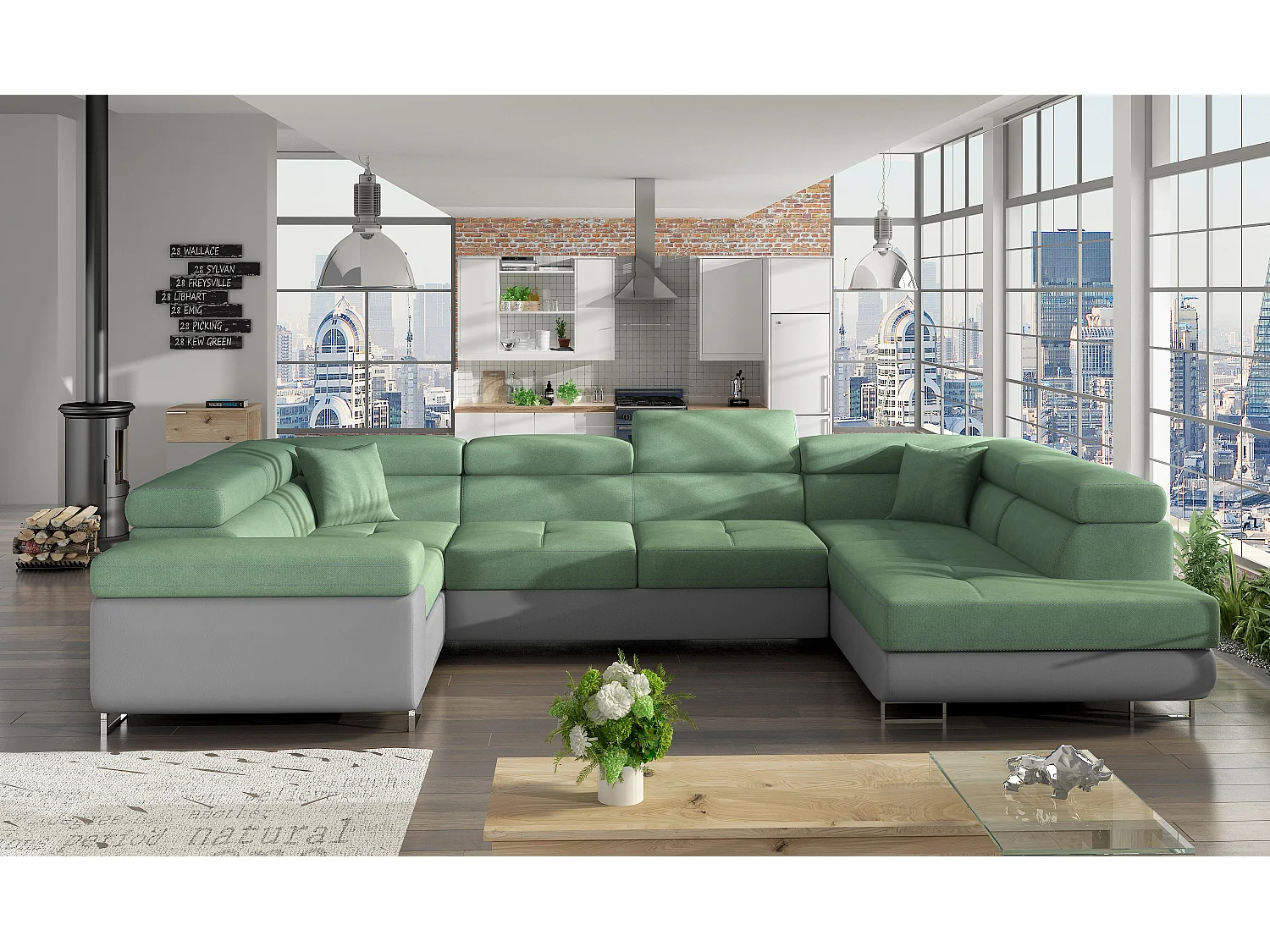 Canapé convertible U droit tissu vert et simili gris avec coffre de rangement Tovy 340cm