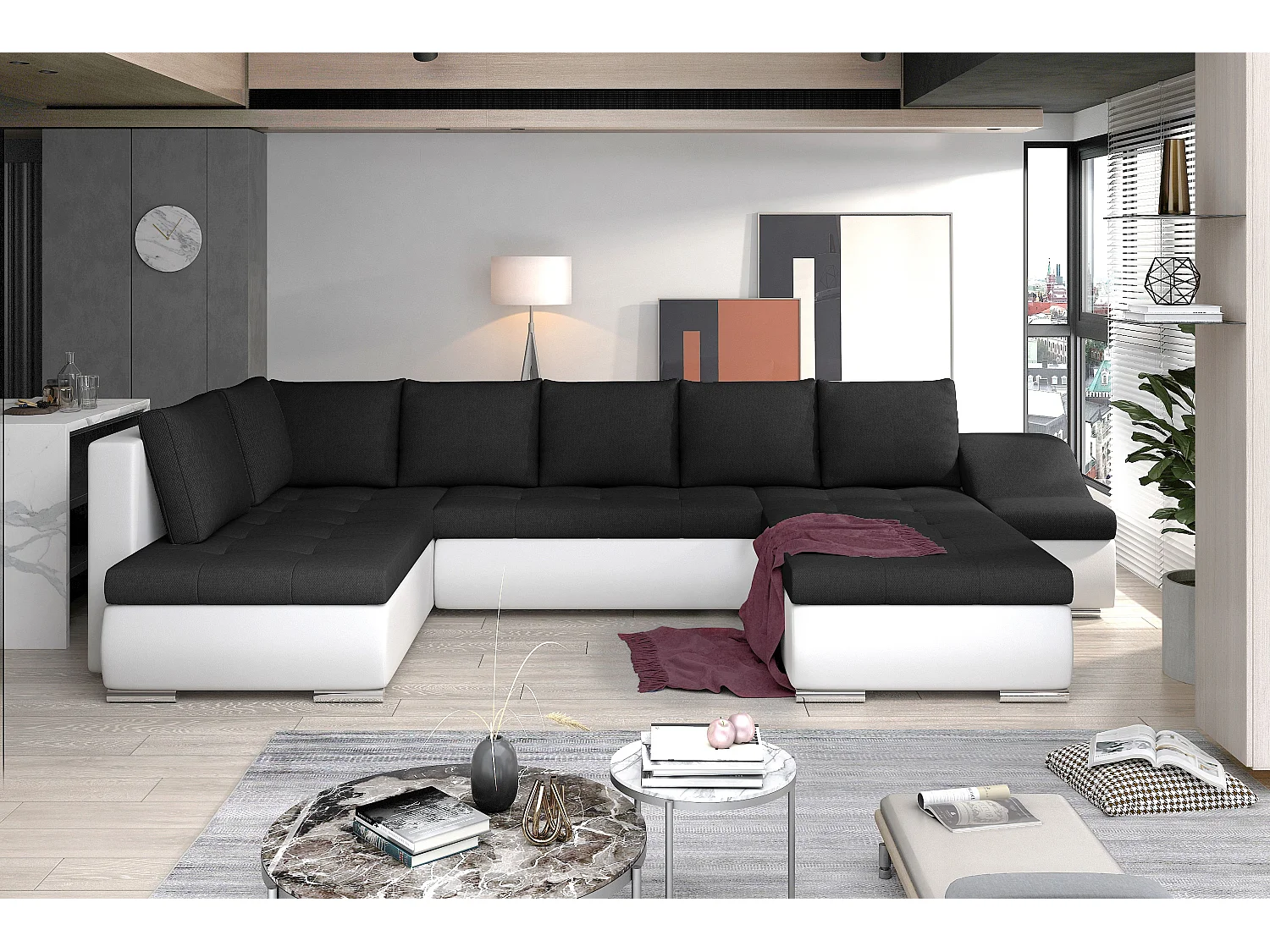 Canapé panoramique convertible tissu noir et simili cuir blanc Jonaz 340cm-Méridienne A droite