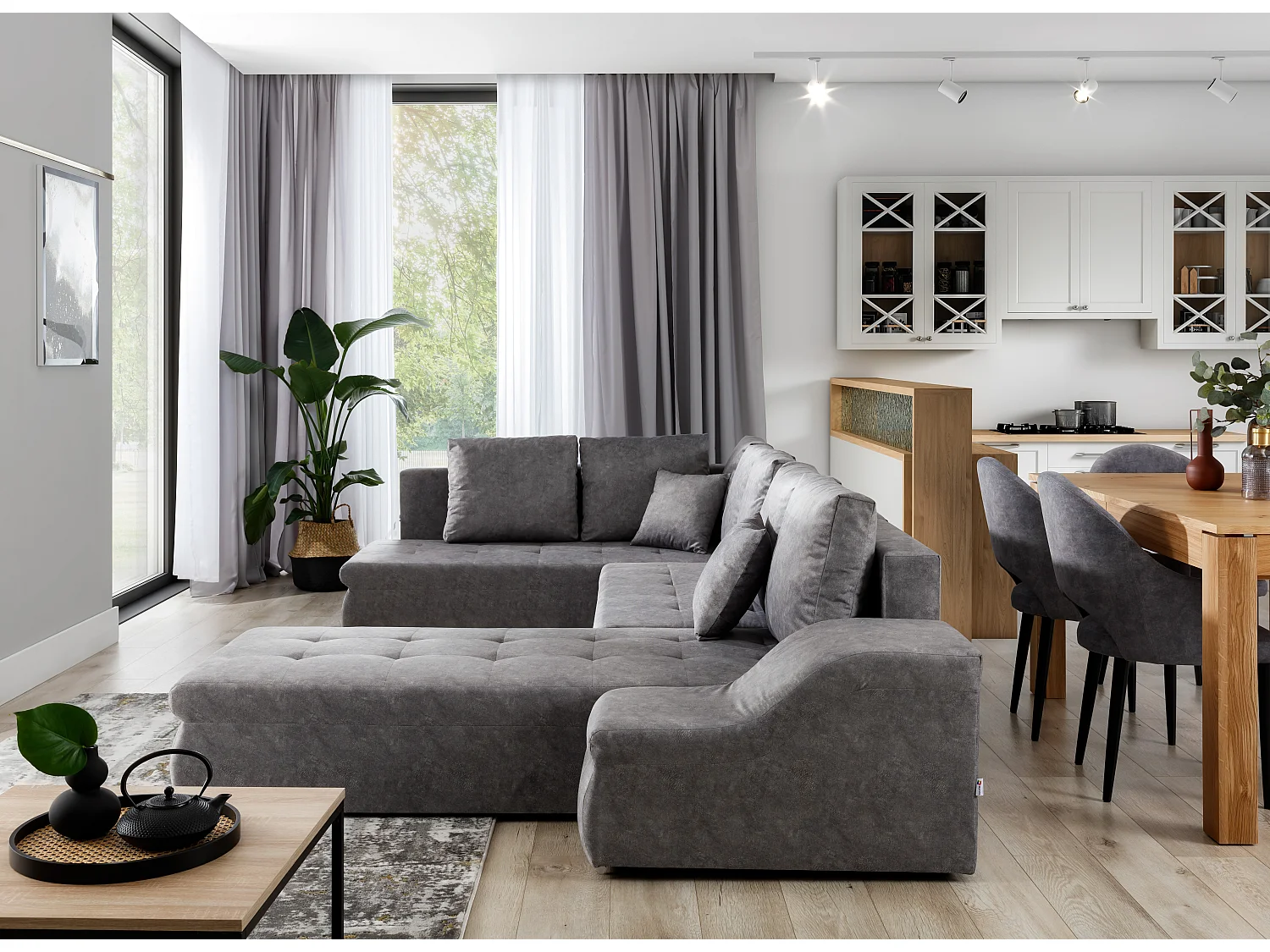 Canapé panoramique convertible tissu noir et simili cuir blanc Jonaz 340cm-Méridienne A droite