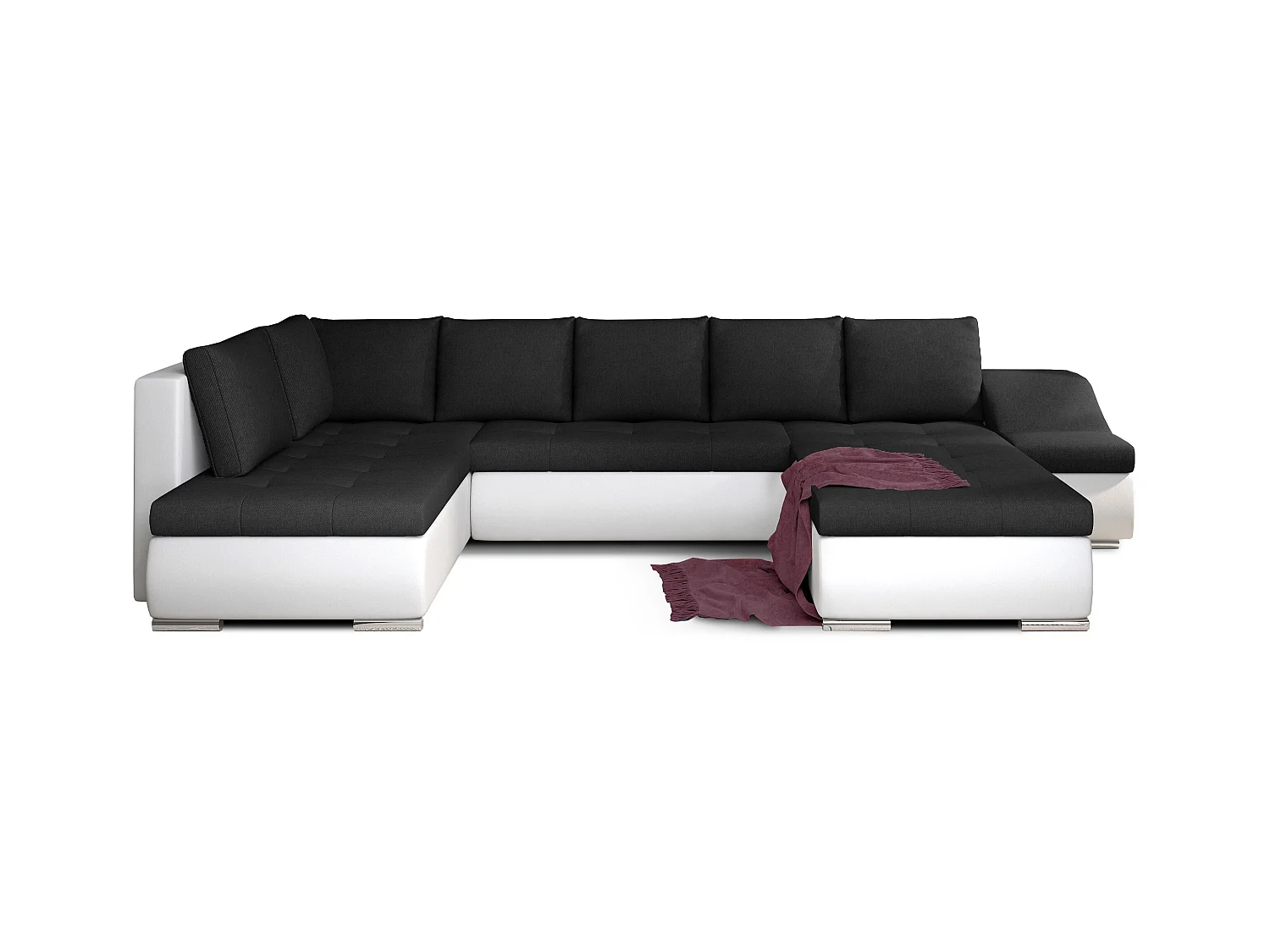 Canapé panoramique convertible tissu noir et simili cuir blanc Jonaz 340cm-Méridienne A droite