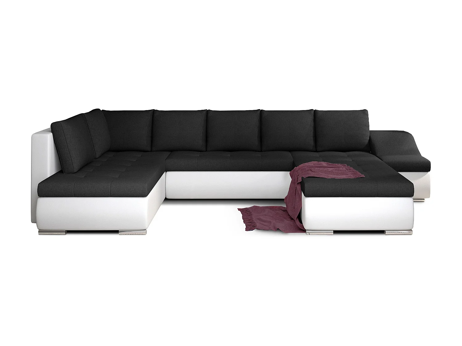 Canapé panoramique convertible tissu noir et simili cuir blanc Jonaz 340cm-Méridienne A droite