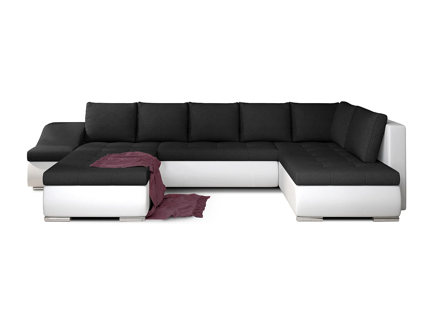 Canapé panoramique convertible tissu noir et simili cuir blanc Jonaz 340cm-Méridienne A droite