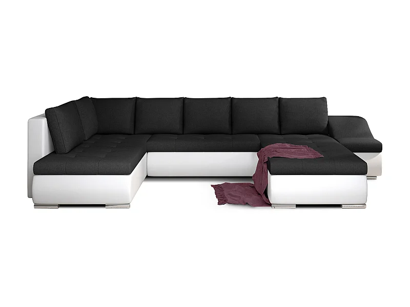 Canapé panoramique convertible tissu noir et simili cuir blanc Jonaz 340cm-Méridienne A droite