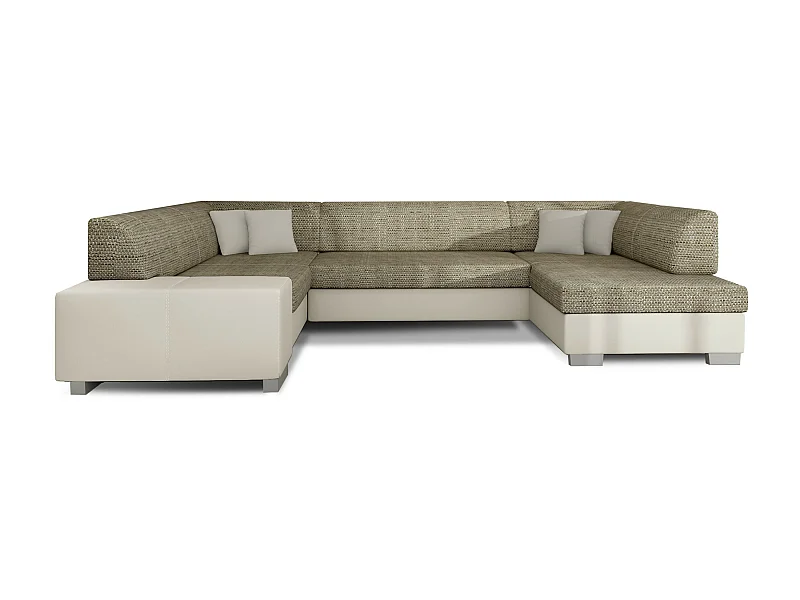 Canapé convertible panoramique bi matières tissu beige clair chiné et simili cuir beige avec coffre de rangement Houston 320cm-Coffre de rangement à droite