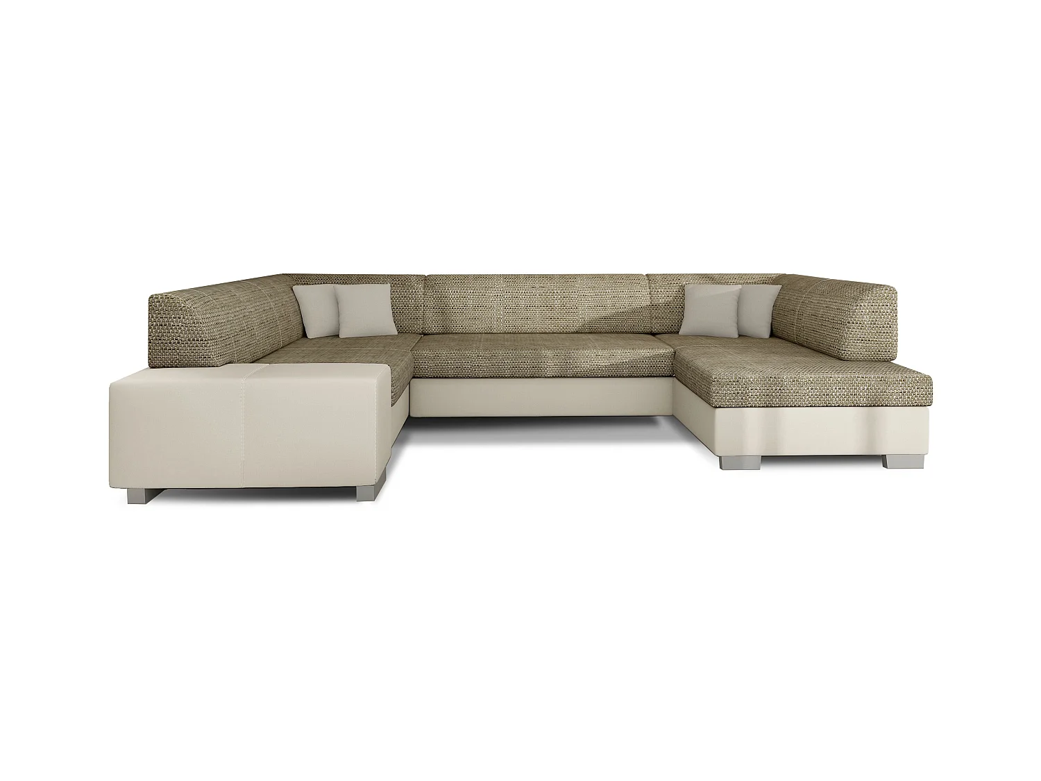 Canapé convertible panoramique bi matières tissu beige clair chiné et simili cuir beige avec coffre de rangement Houston 320cm-Coffre de rangement à droite