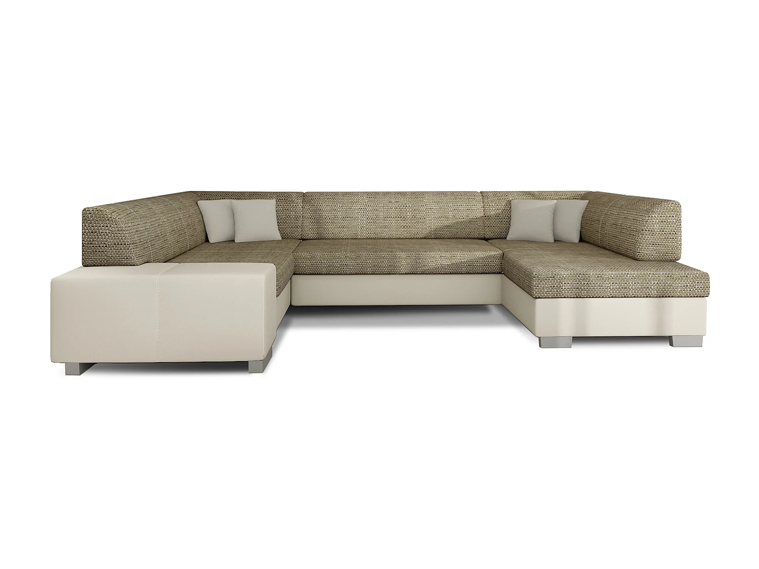 Canapé convertible panoramique bi matières tissu beige clair chiné et simili cuir beige avec coffre de rangement Houston 320cm-Coffre de rangement à droite