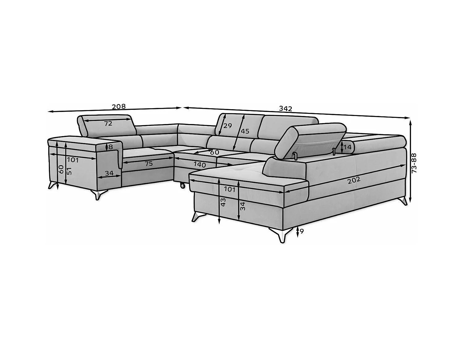 Canapé panoramique convertible tissu rose clair avec coffre de rangement Triano 342cm-Coffre de rangement à droite