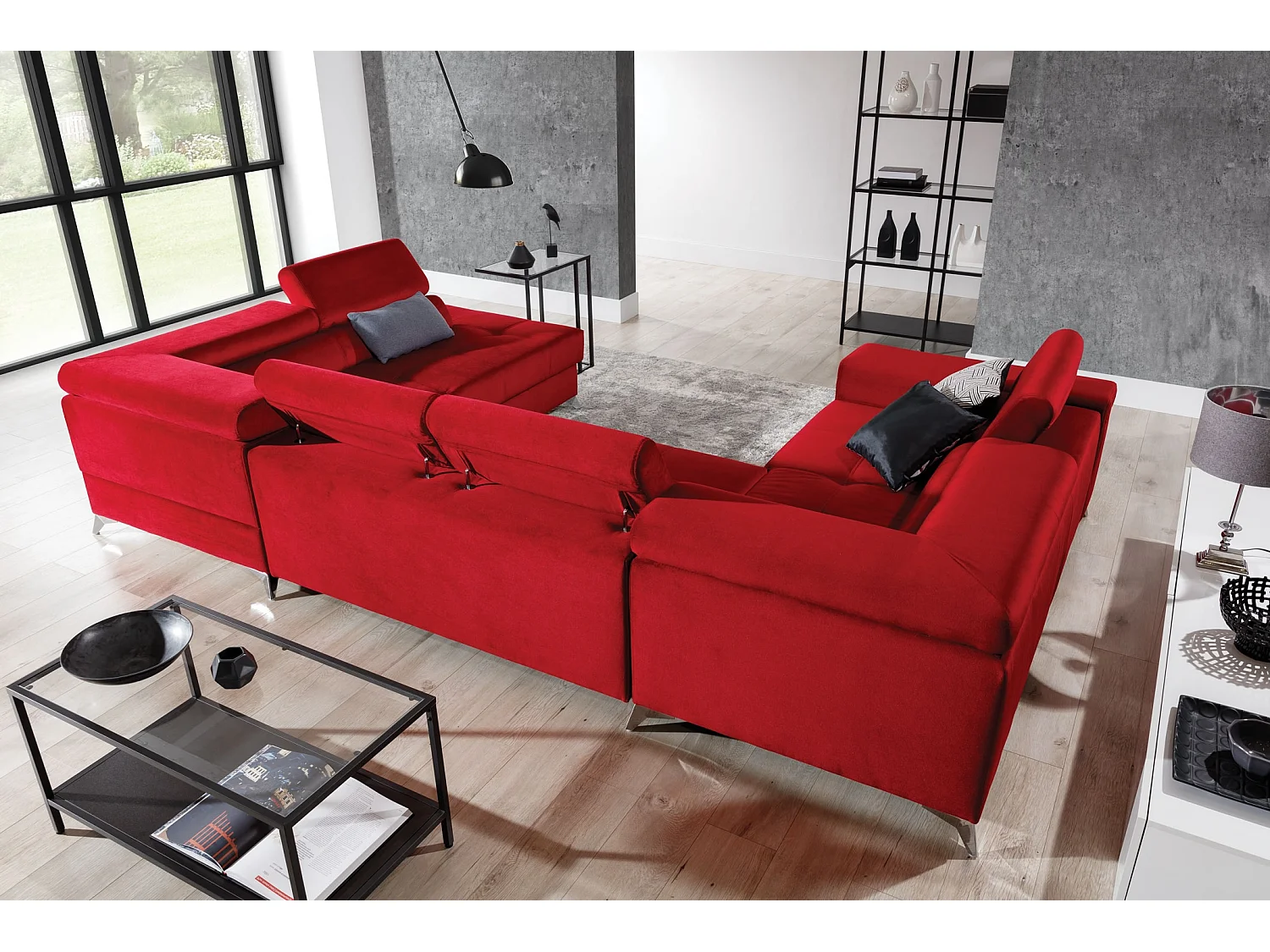 Canapé panoramique convertible tissu rose clair avec coffre de rangement Triano 342cm-Coffre de rangement à droite