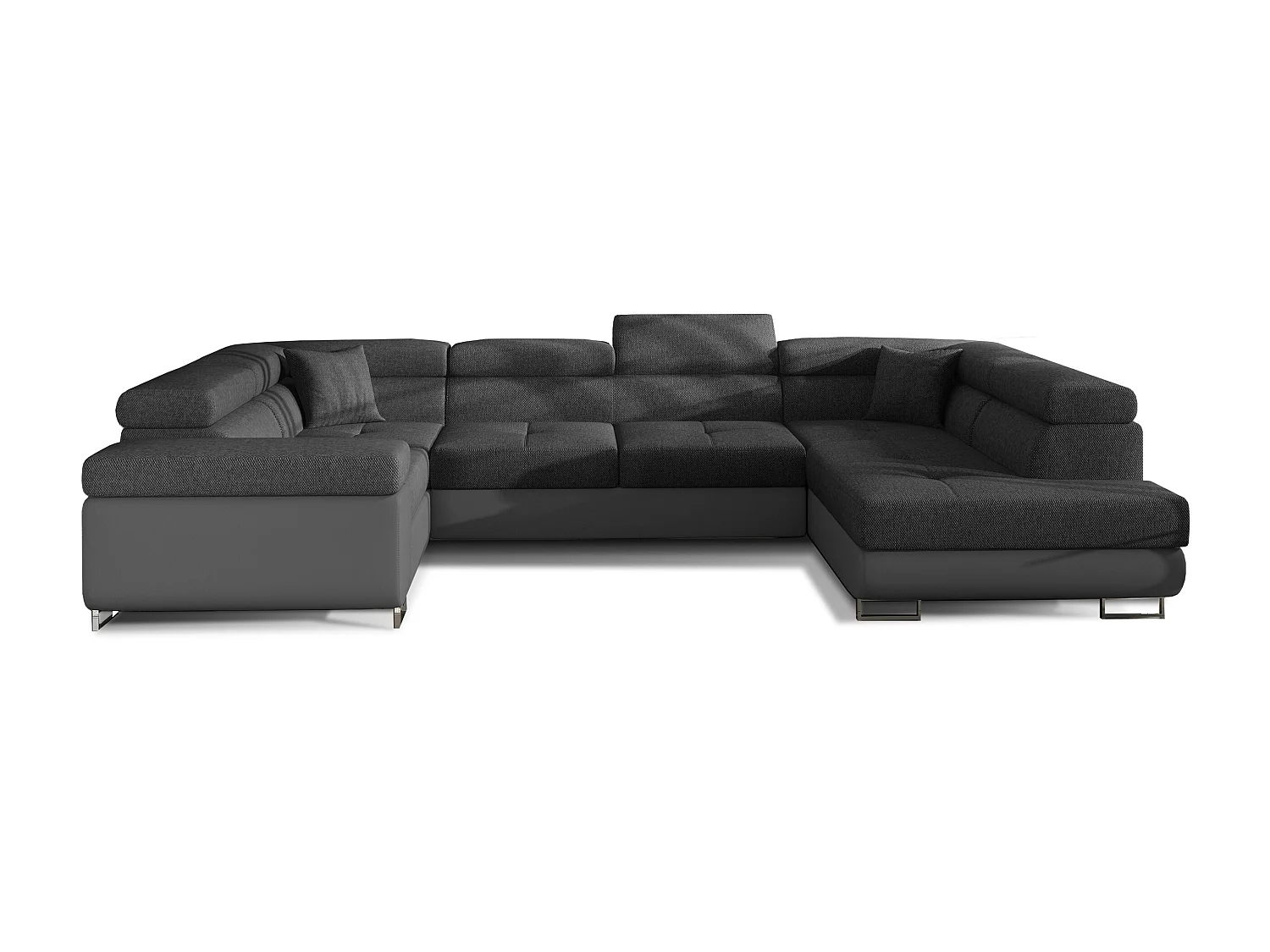 Canapé convertible U droit tissu gris foncé et simili gris avec coffre de rangement Tovy 340cm