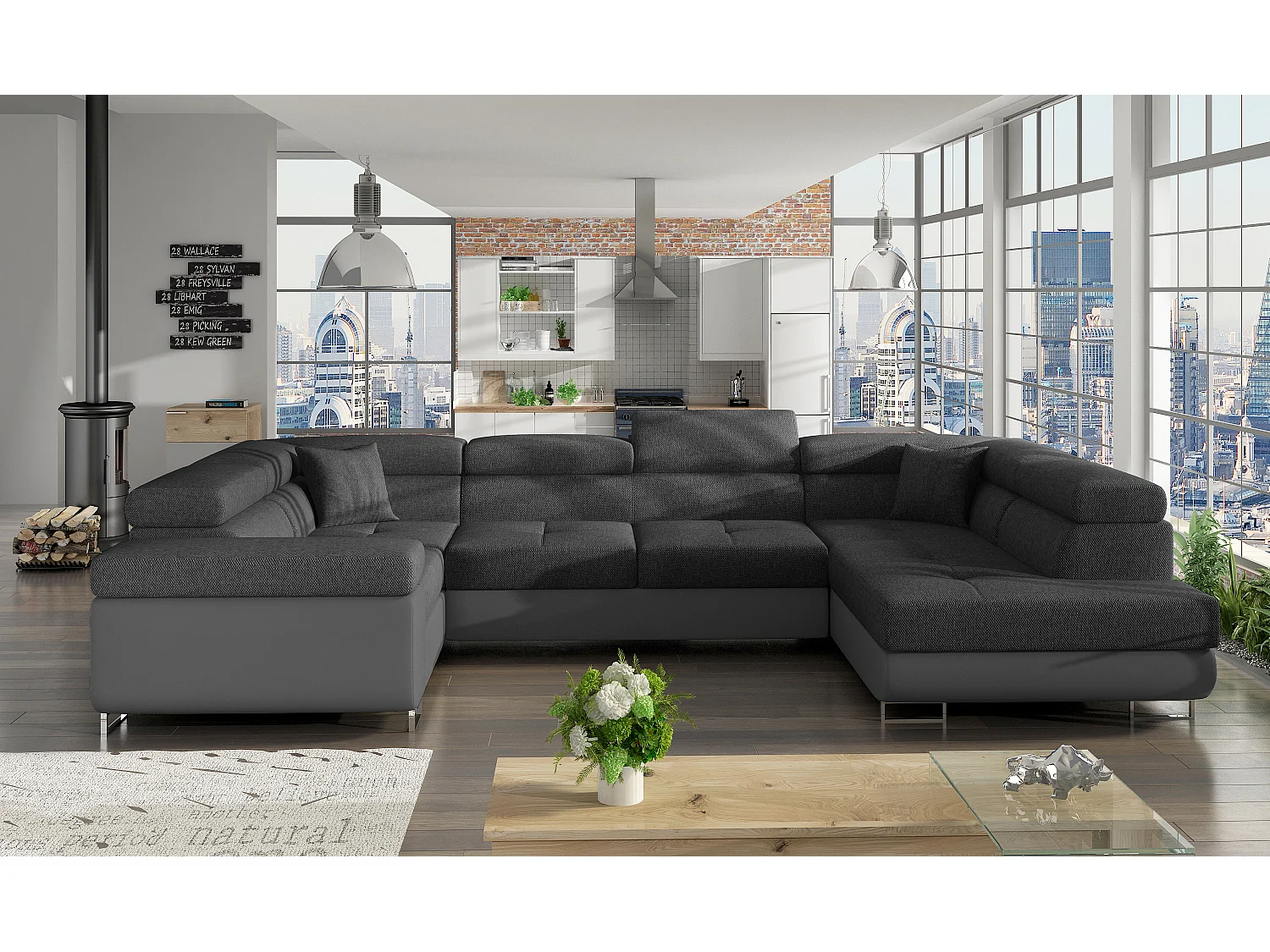 Canapé convertible U droit tissu gris foncé et simili gris avec coffre de rangement Tovy 340cm