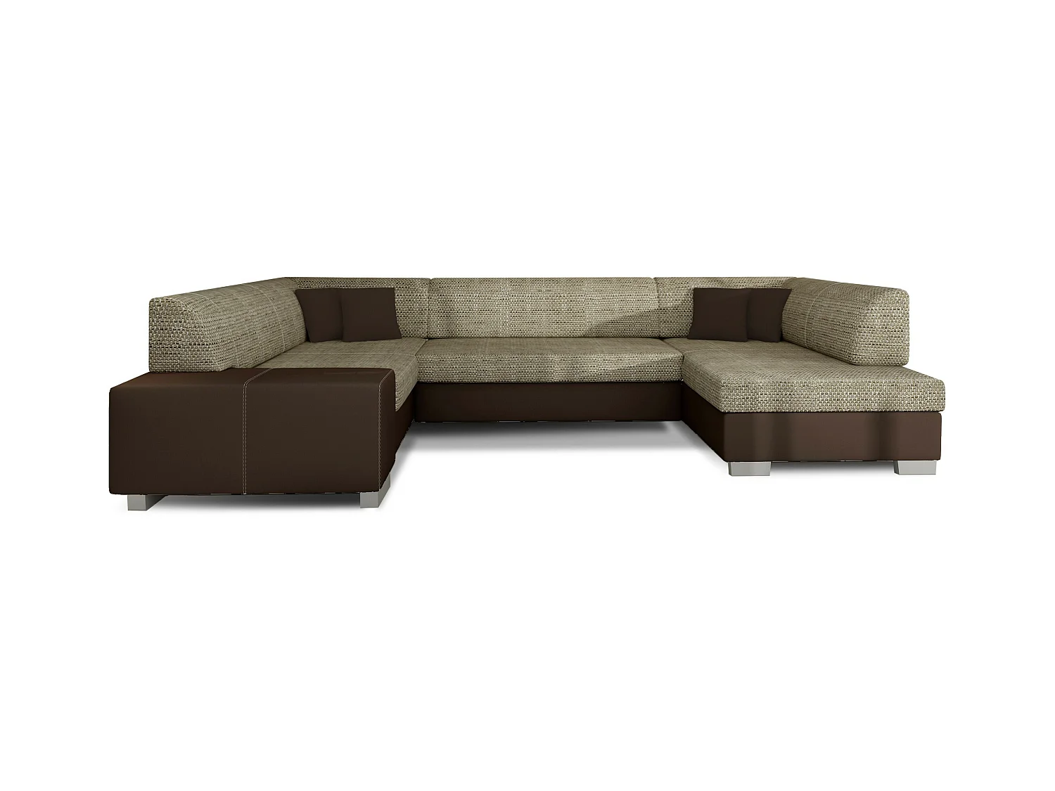 Canapé convertible panoramique bi matières tissu beige clair chiné et simili cuir marron avec coffre de rangement Houston 320cm-Coffre de rangement à droite