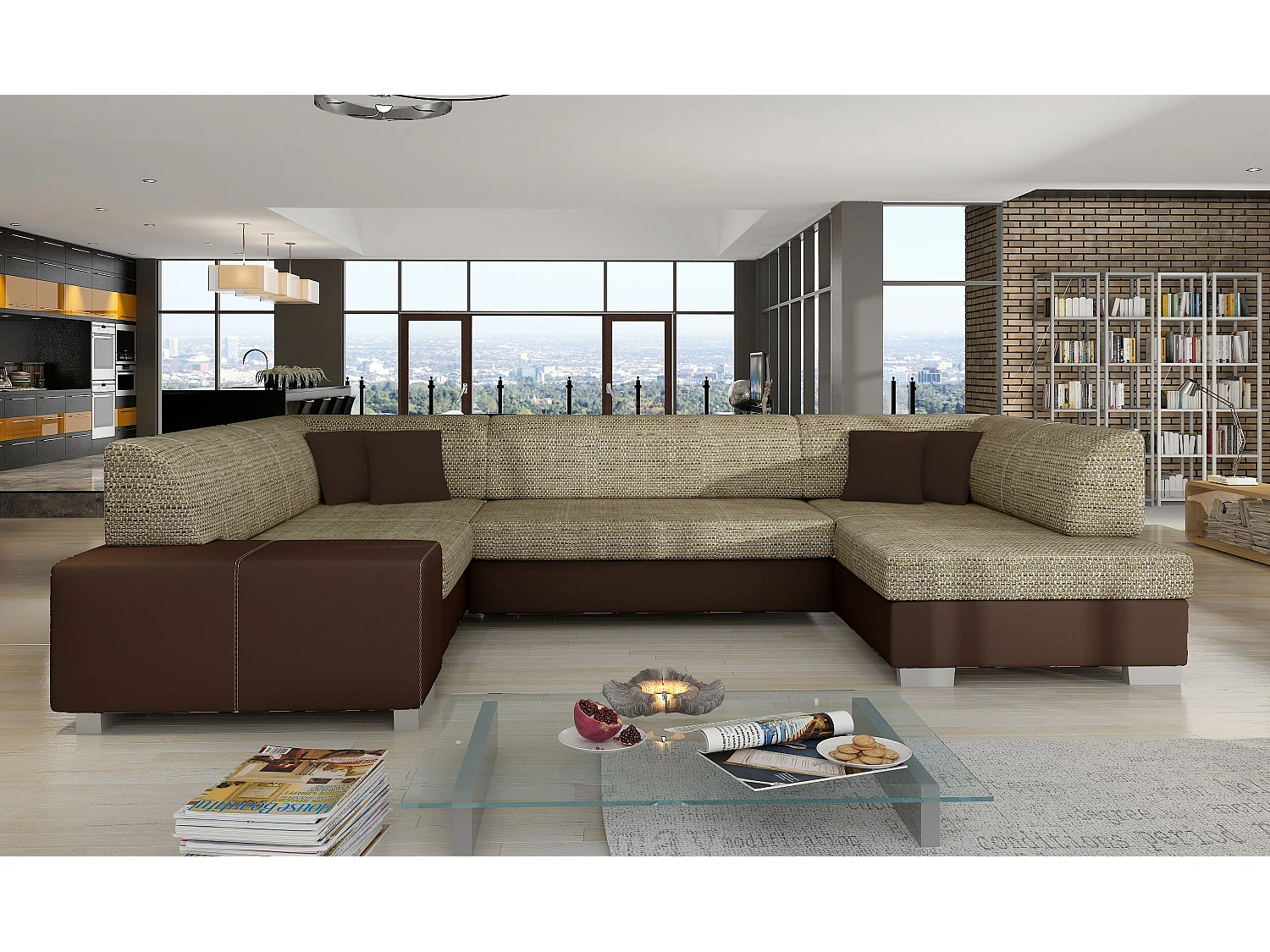 Canapé convertible panoramique bi matières tissu beige clair chiné et simili cuir marron avec coffre de rangement Houston 320cm-Coffre de rangement à droite