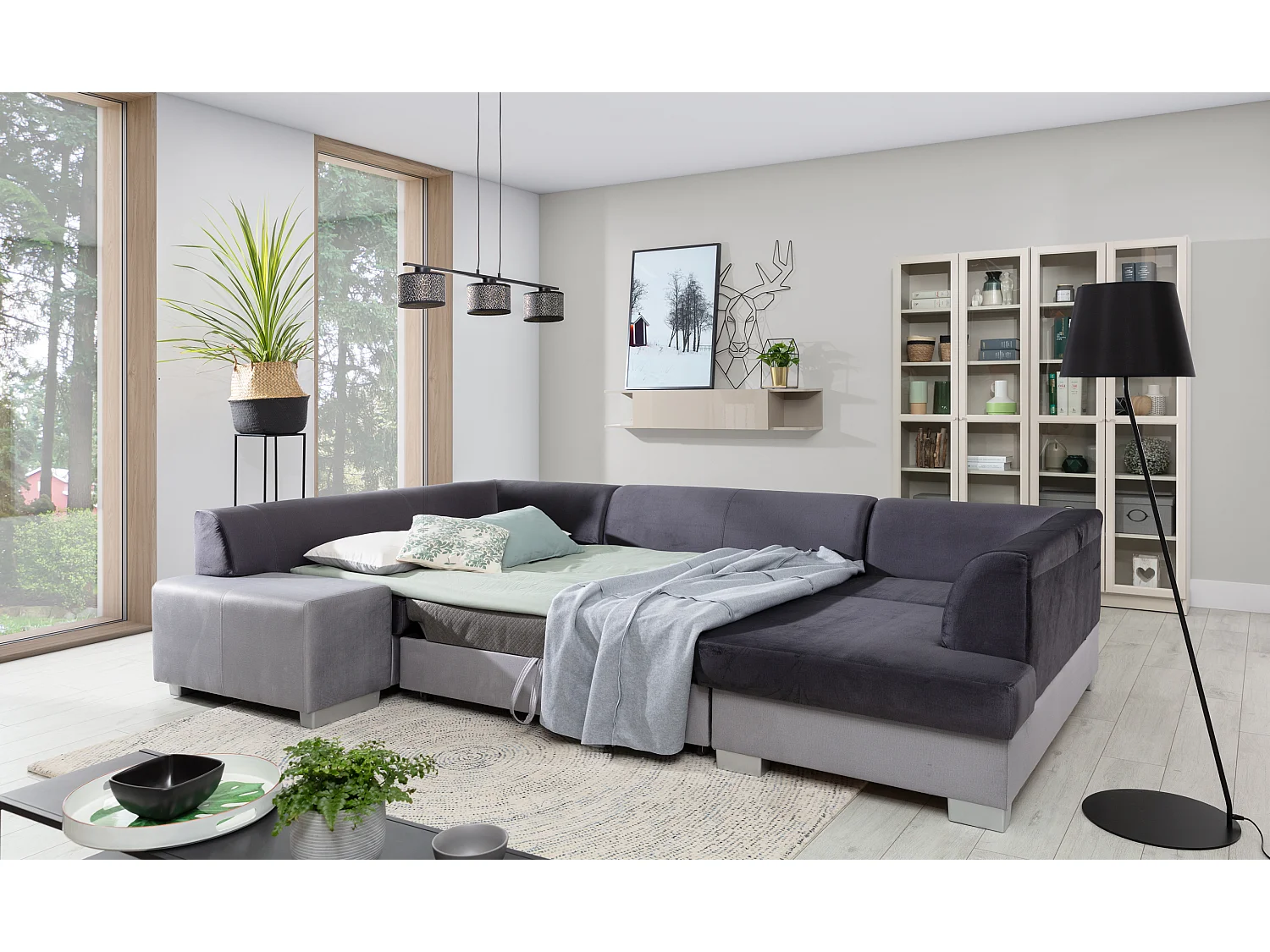 Canapé convertible panoramique bi matières tissu beige clair chiné et simili cuir marron avec coffre de rangement Houston 320cm-Coffre de rangement à droite