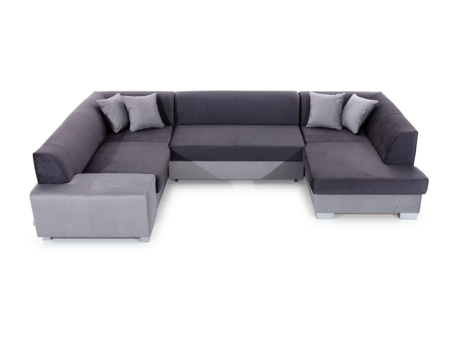 Canapé convertible panoramique bi matières tissu beige clair chiné et simili cuir marron avec coffre de rangement Houston 320cm-Coffre de rangement à droite