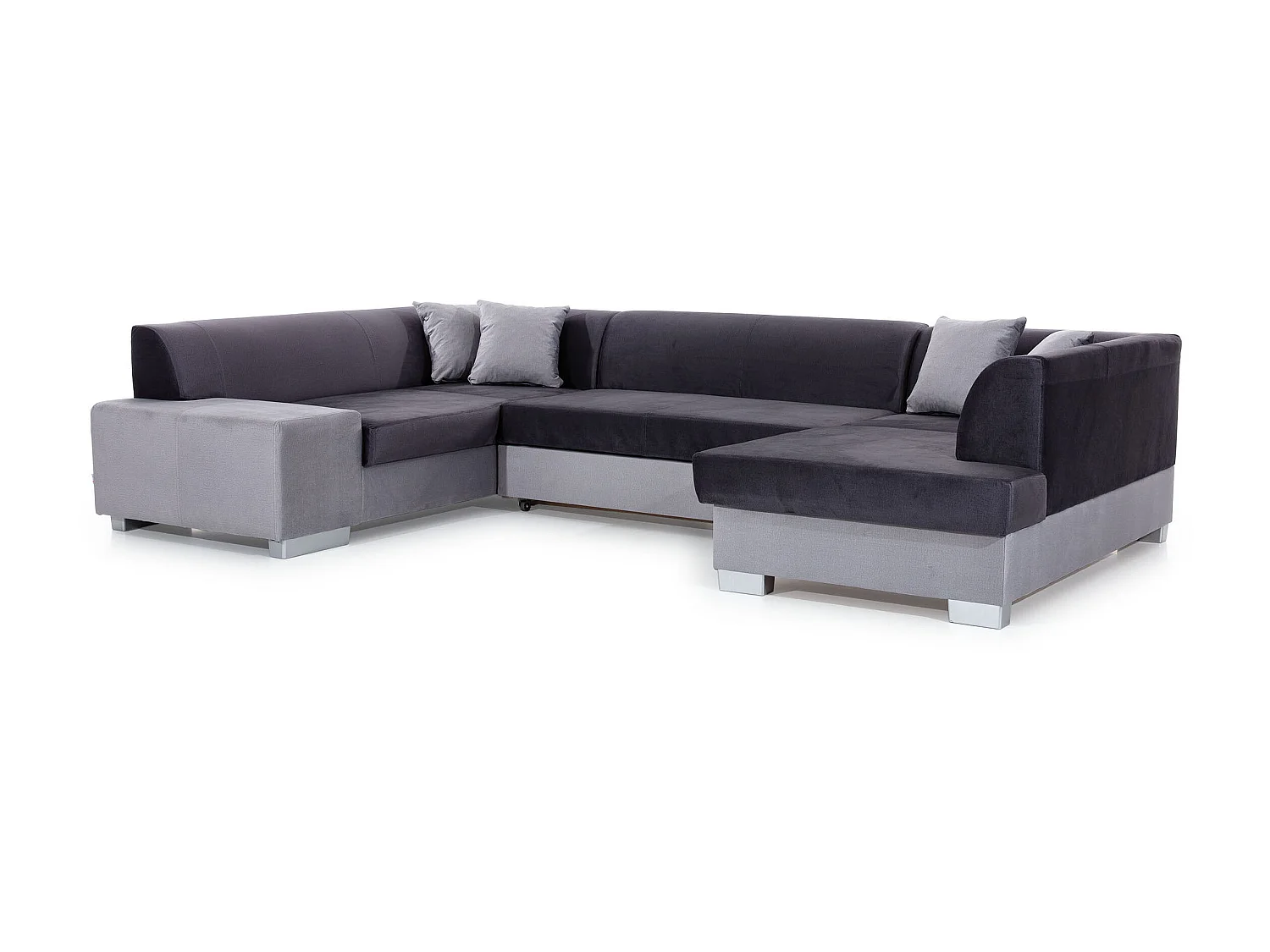 Canapé convertible panoramique bi matières tissu beige clair chiné et simili cuir marron avec coffre de rangement Houston 320cm-Coffre de rangement à droite