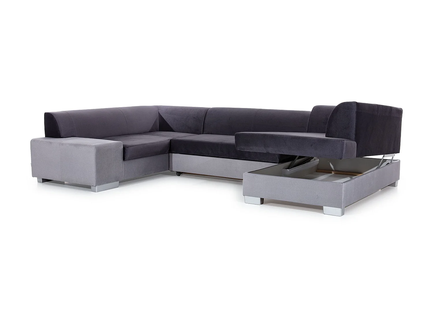 Canapé convertible panoramique bi matières tissu beige clair chiné et simili cuir marron avec coffre de rangement Houston 320cm-Coffre de rangement à droite