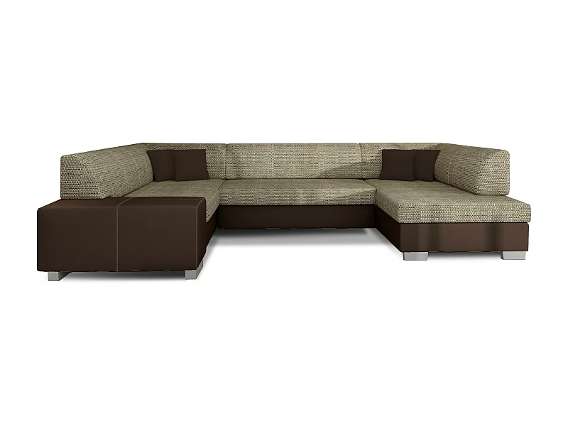 Canapé convertible panoramique bi matières tissu beige clair chiné et simili cuir marron avec coffre de rangement Houston 320cm-Coffre de rangement à droite