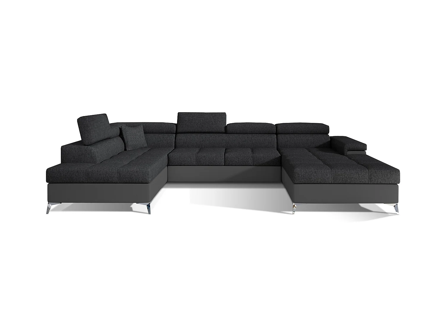 Canapé panoramique bi-matières tissu gris chiné et simili cuir gris coffre de rangement à gauche Kutty 345cm