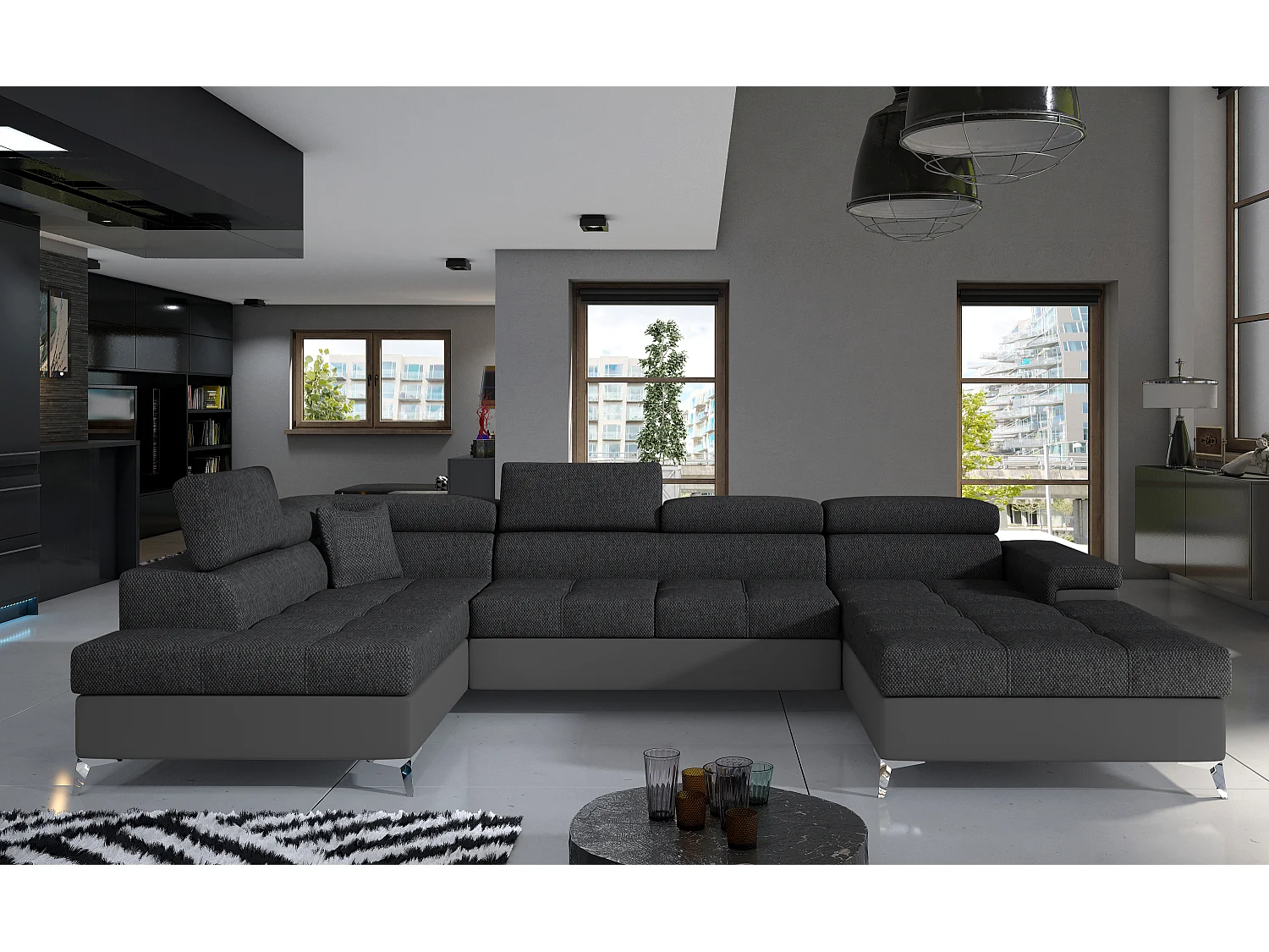 Canapé panoramique bi-matières tissu gris chiné et simili cuir gris coffre de rangement à gauche Kutty 345cm