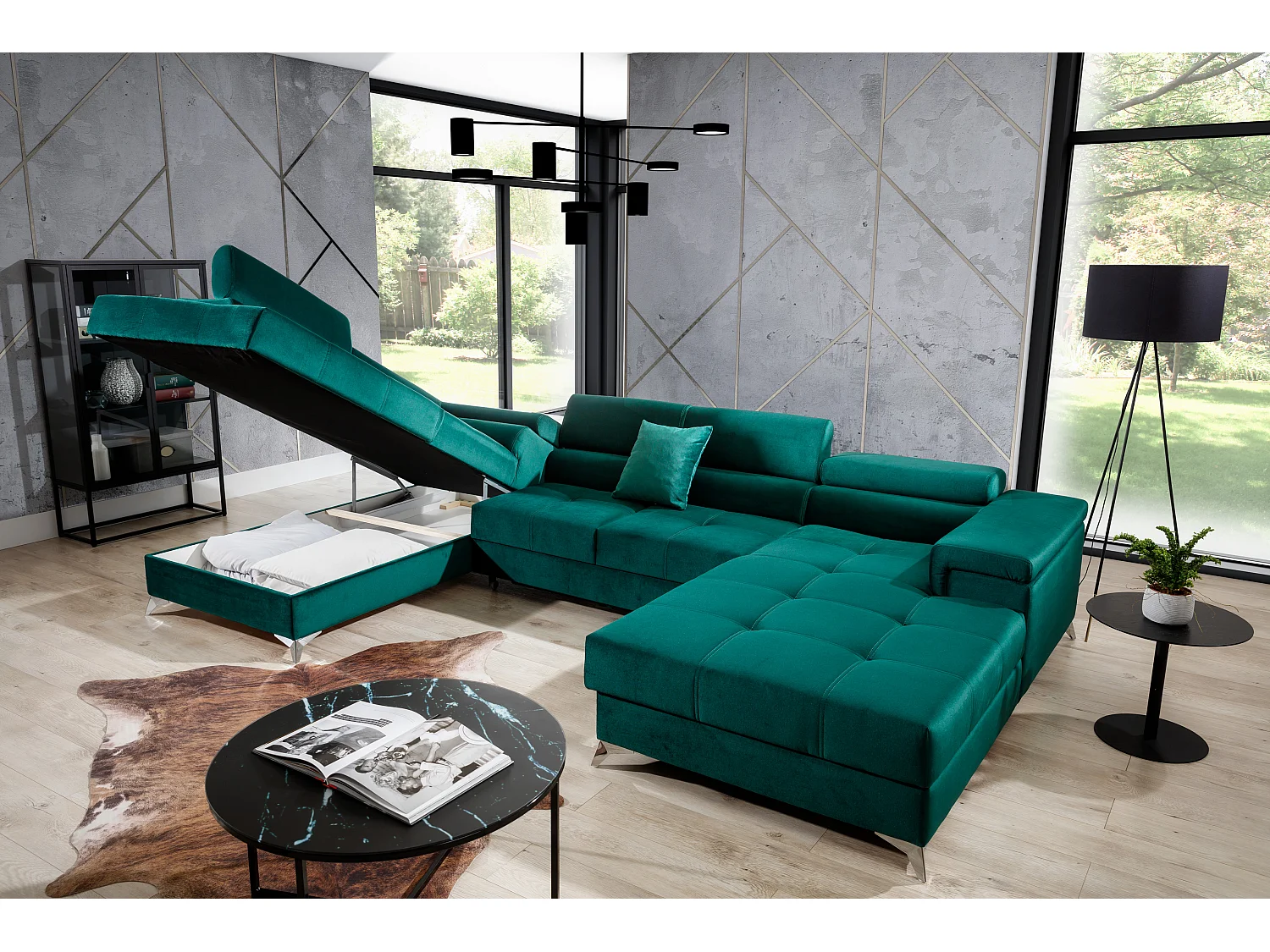 Canapé panoramique bi-matières tissu gris chiné et simili cuir gris coffre de rangement à gauche Kutty 345cm