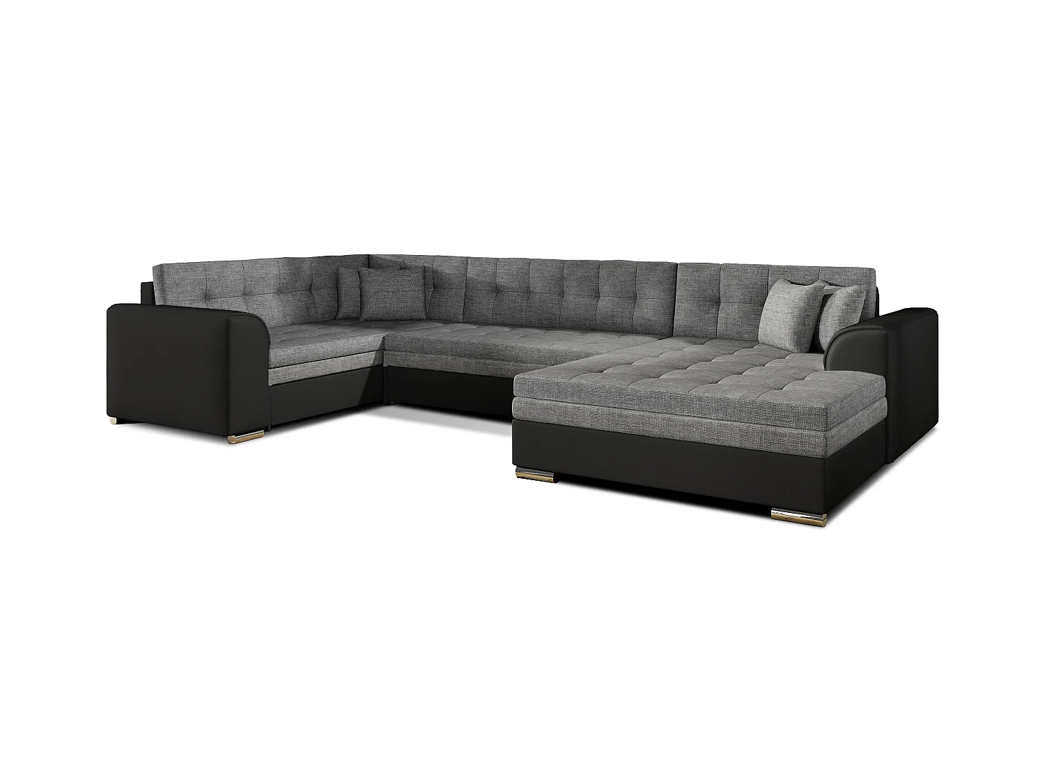 Canapé convertible panoramique tissu gris clair et simili noir méridienne à droite Diana 340cm