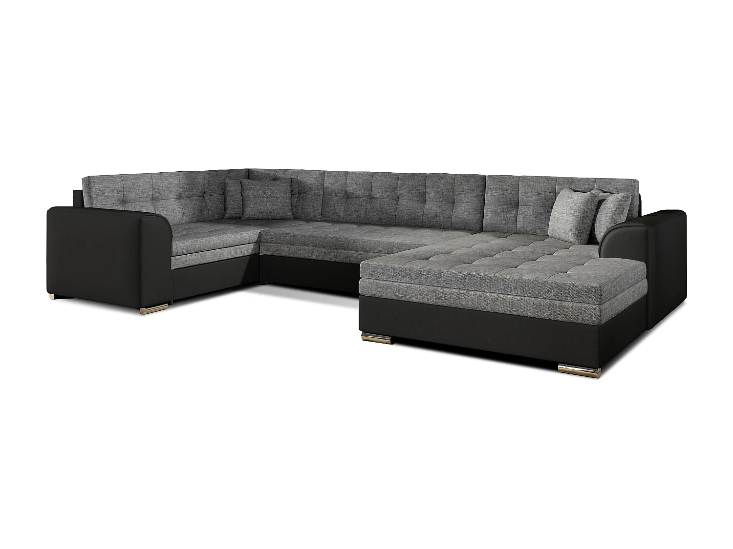 Canapé convertible panoramique tissu gris clair et simili noir méridienne à droite Diana 340cm