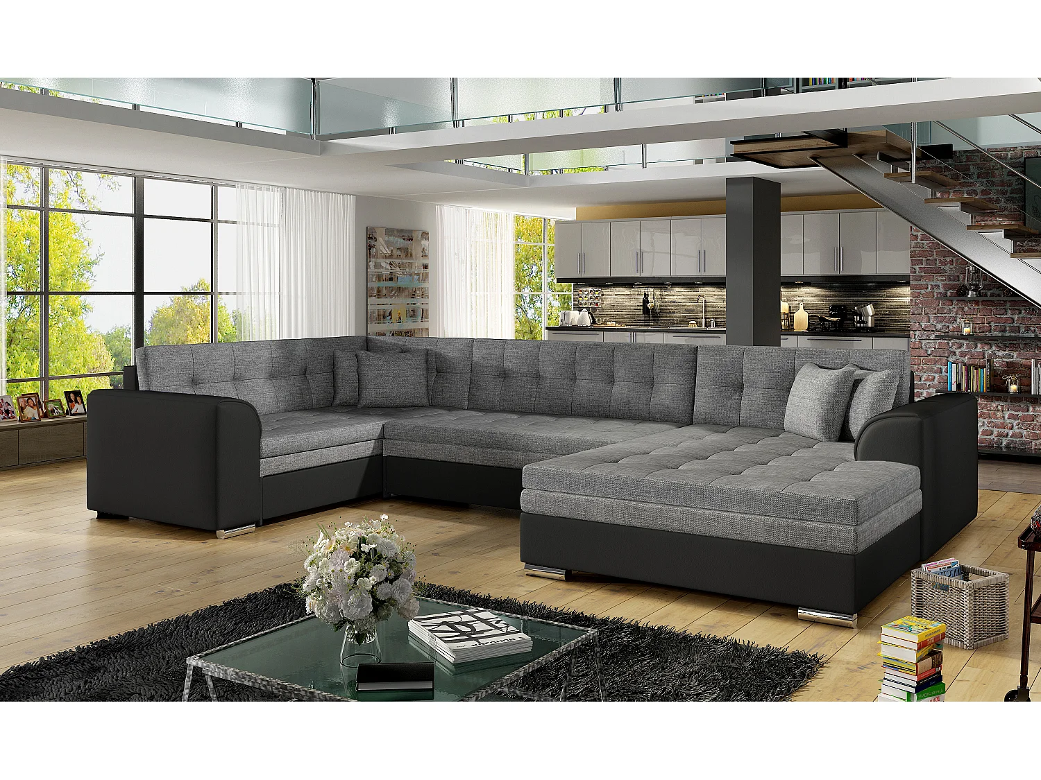 Canapé convertible panoramique tissu gris clair et simili noir méridienne à droite Diana 340cm