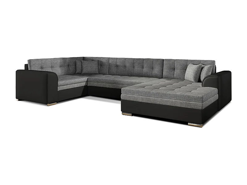 Canapé convertible panoramique tissu gris clair et simili noir méridienne à droite Diana 340cm