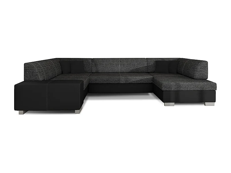 Canapé convertible panoramique bi matières tissu noir chiné et simili cuir noir avec coffre de rangement Houston 320cm-Coffre de rangement à droite