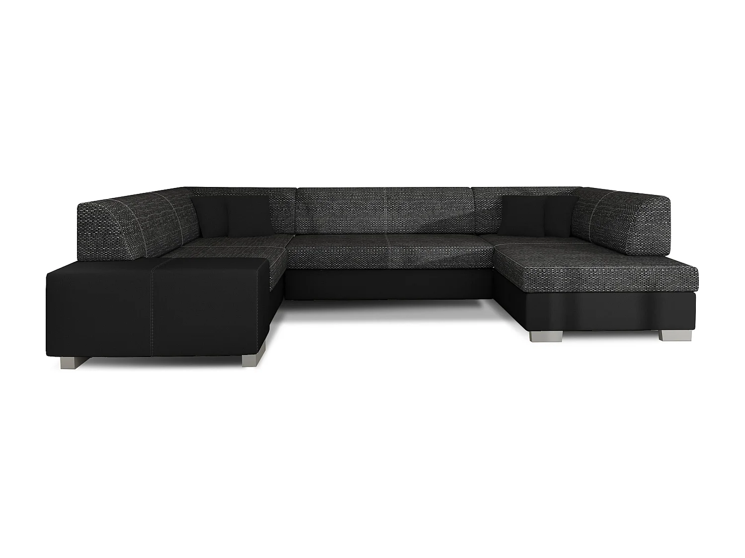 Canapé convertible panoramique bi matières tissu noir chiné et simili cuir noir avec coffre de rangement Houston 320cm-Coffre de rangement à droite