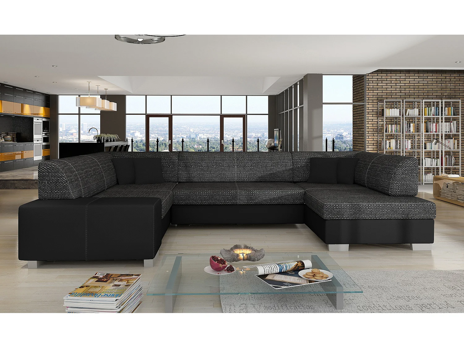 Canapé convertible panoramique bi matières tissu noir chiné et simili cuir noir avec coffre de rangement Houston 320cm-Coffre de rangement à droite