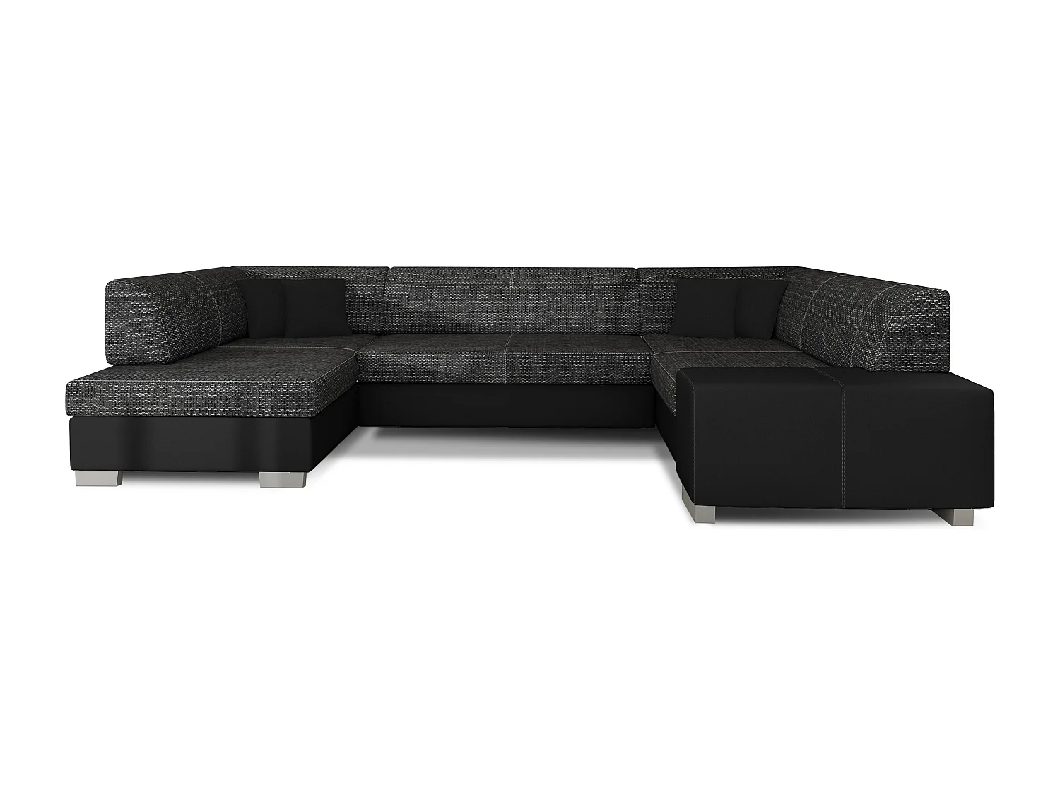 Canapé convertible panoramique bi matières tissu noir chiné et simili cuir noir avec coffre de rangement Houston 320cm-Coffre de rangement à droite