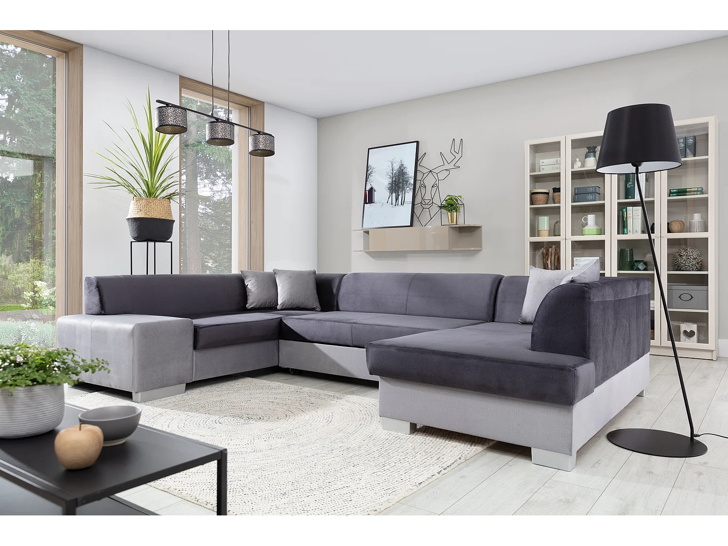 Panoramische slaapbank uit twee materialen in gevlekt zwarte stof en zwart kunstleer met opbergdoos Houston 320 cm-Opslagruimte naar rechts