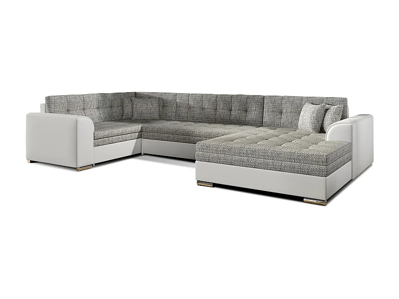 Panoramische slaapbank in gemêleerde stof en witte kunstleren chaise longue aan de rechterkant Diana 340 cm