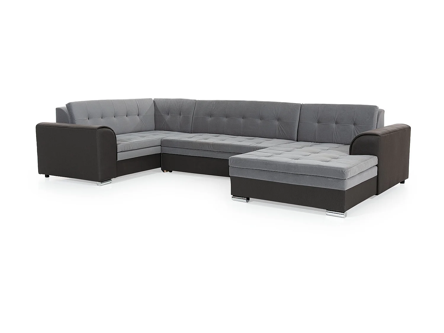 Panoramische slaapbank in gemêleerde stof en witte kunstleren chaise longue aan de rechterkant Diana 340 cm