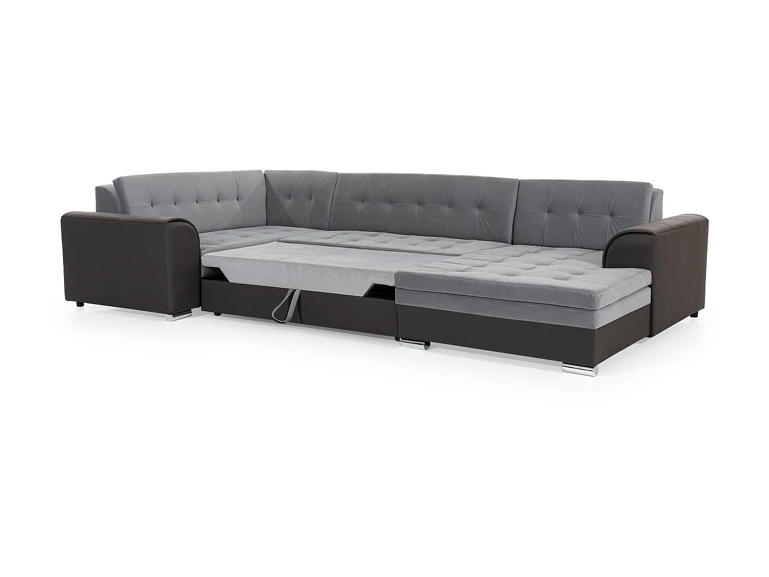 Panoramische slaapbank in gemêleerde stof en witte kunstleren chaise longue aan de rechterkant Diana 340 cm