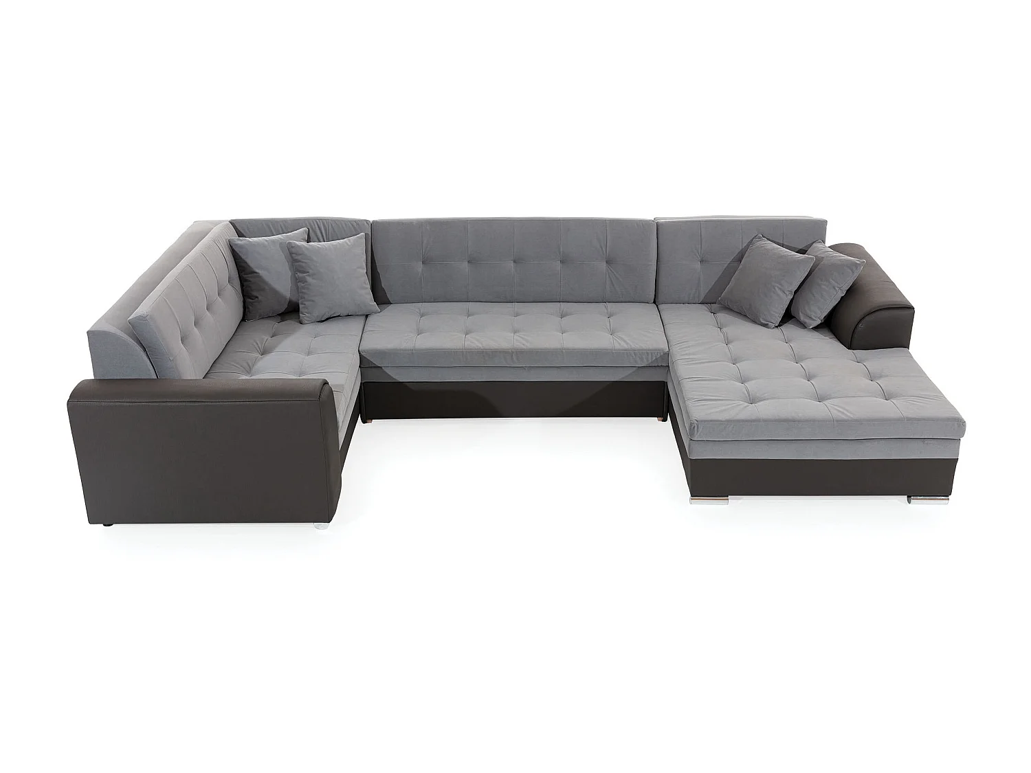 Canapé convertible panoramique tissu gris chiné et simili blanc méridienne à droite Diana 340cm