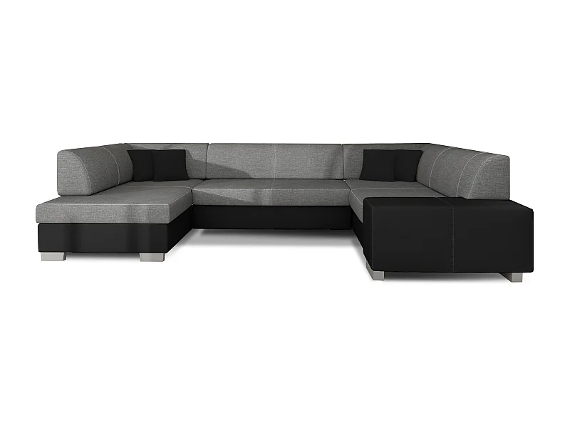 Canapé convertible panoramique bi matières tissu gris et simili cuir noir avec coffre de rangement Houston 320cm-Coffre de rangement à gauche