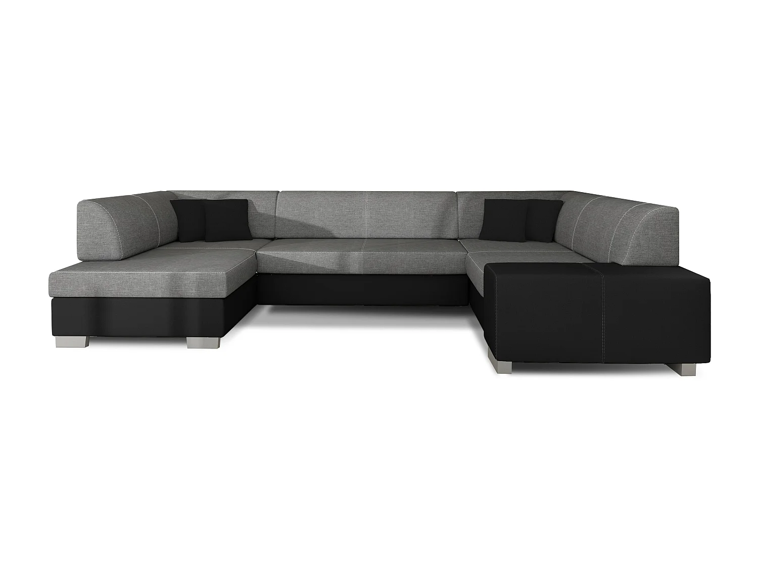Canapé convertible panoramique bi matières tissu gris et simili cuir noir avec coffre de rangement Houston 320cm-Coffre de rangement à gauche