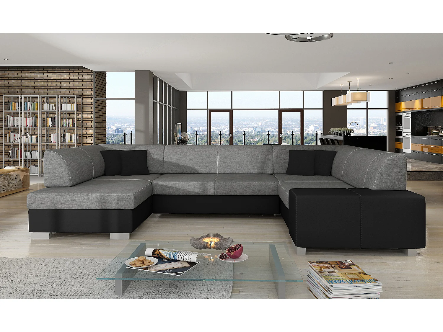 Canapé convertible panoramique bi matières tissu gris et simili cuir noir avec coffre de rangement Houston 320cm-Coffre de rangement à gauche