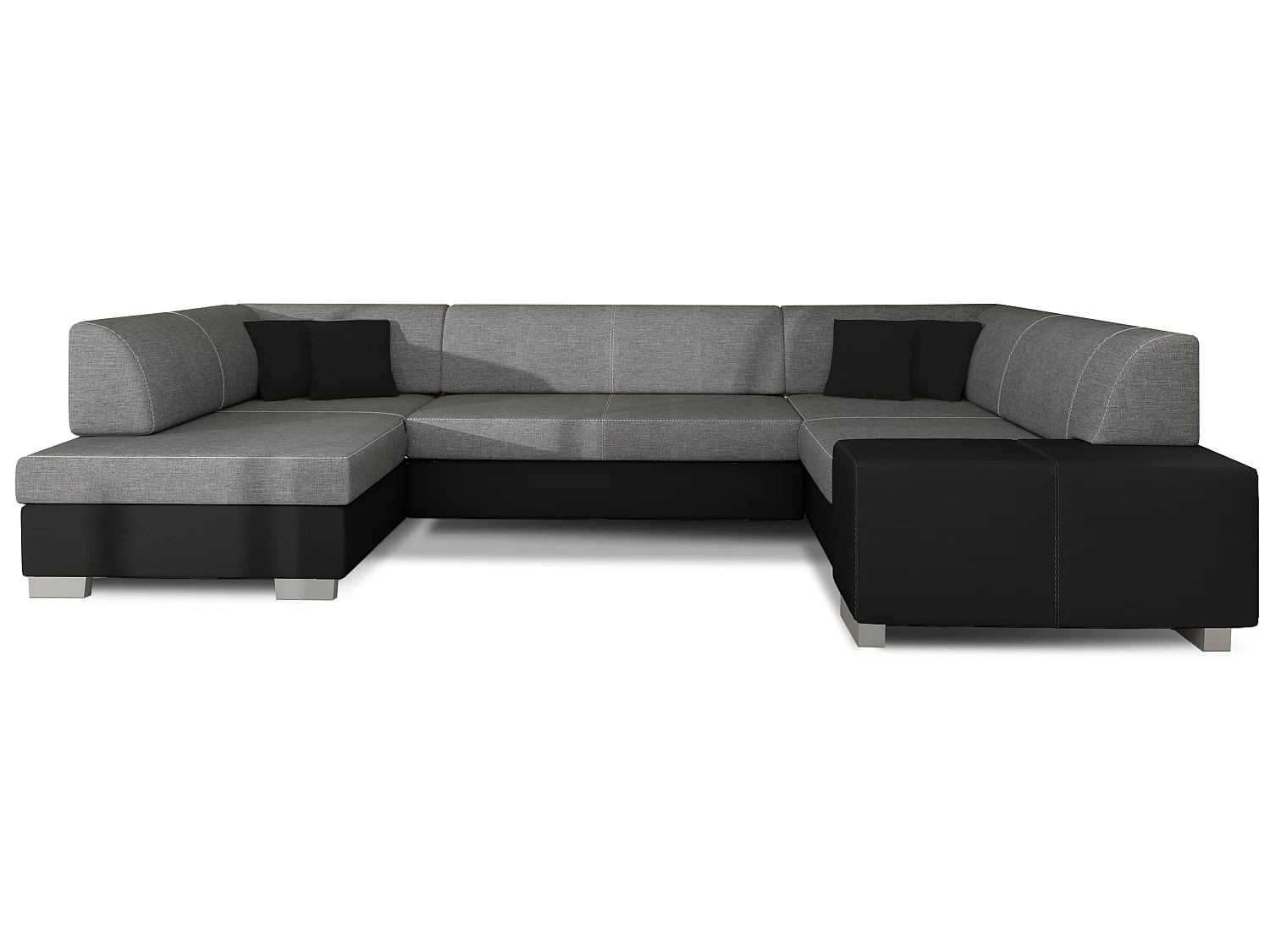Panoramische slaapbank in twee materialen, grijze stof en zwart kunstleer, met opbergdoos, Houston 320 cm-Opslagruimte naar links