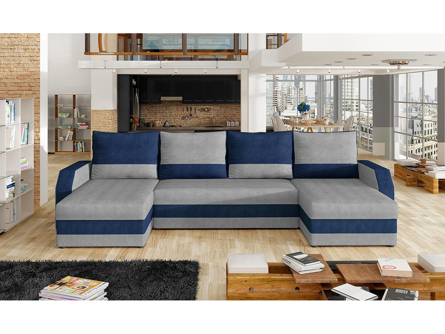 Canapé d'angle convertible panoramique bicolore velours gris clair et bleu Nordy 307cm