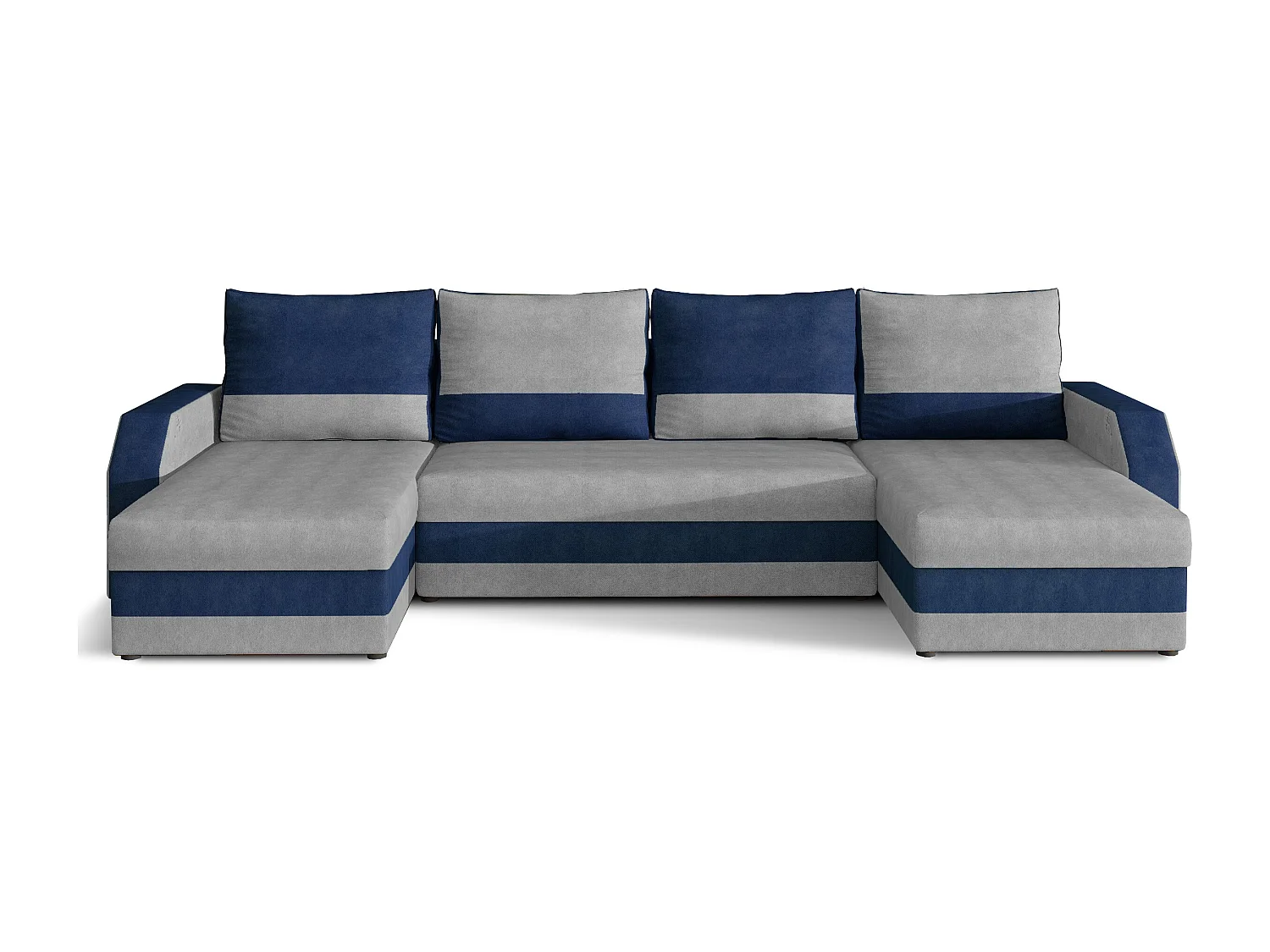 Canapé d'angle convertible panoramique bicolore velours gris clair et bleu Nordy 307cm